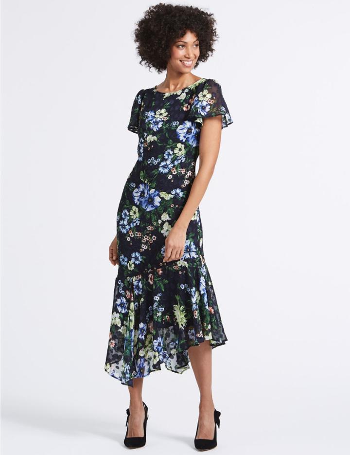 Marks & Spencer Floral Print Asymmetric Tunic Midi Dress Navy Mix