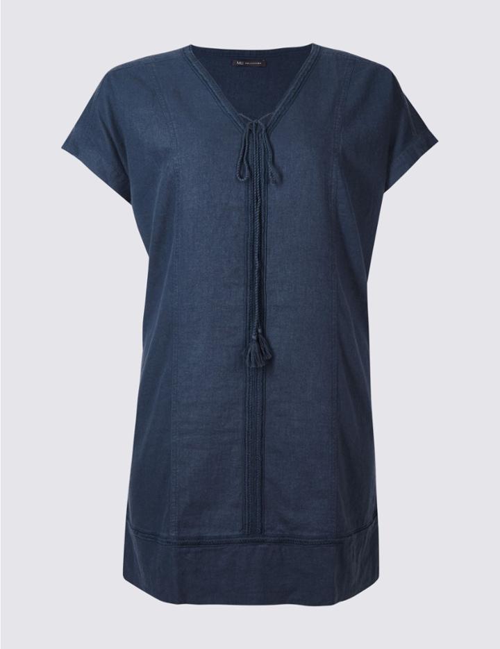 Marks & Spencer Plus Linen Blend Tassel Swing Dress Blue