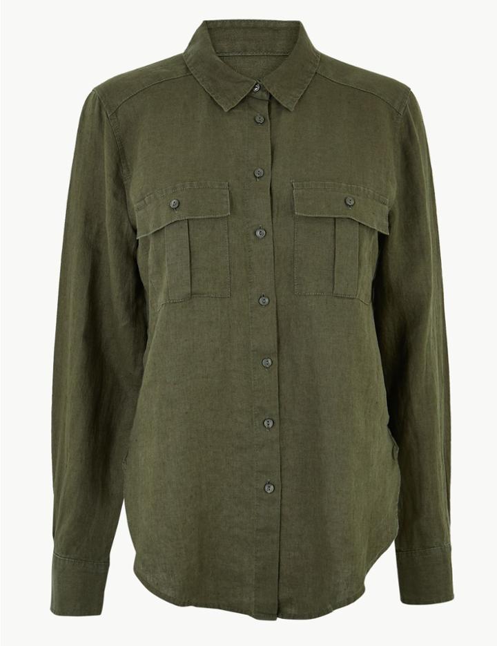 Marks & Spencer Pure Linen Utility Patch Pocket Shirt Khaki