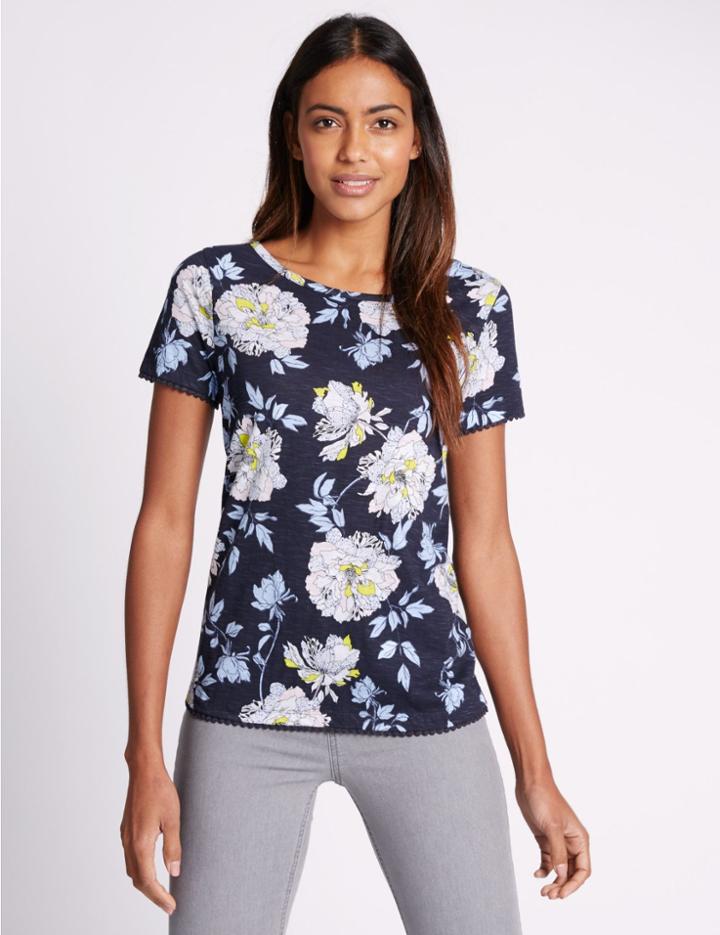 Marks & Spencer Pure Cotton Floral Print T-shirt Navy Mix
