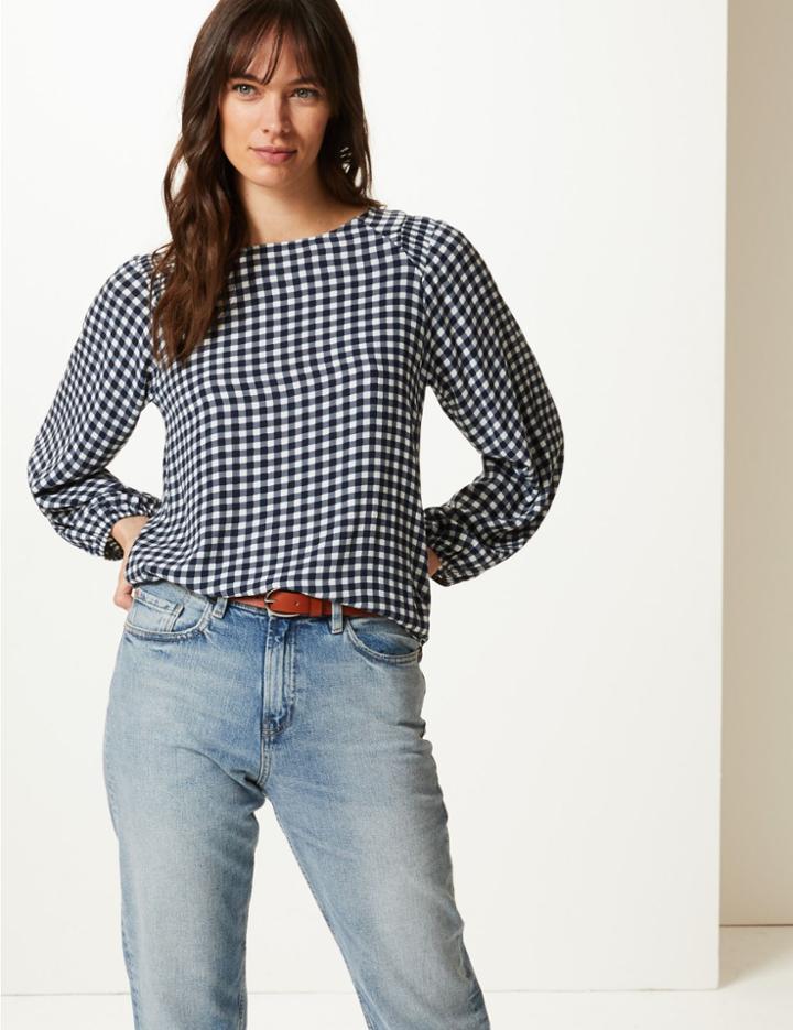 Marks & Spencer Checked Round Neck Long Sleeve Blouse Navy Mix