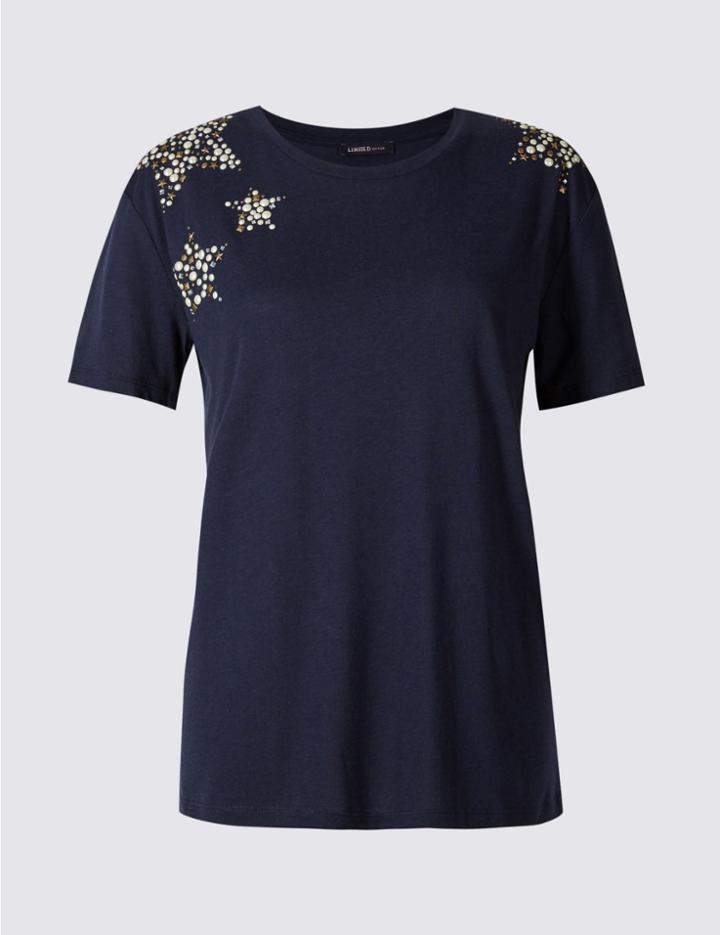 Marks & Spencer Modal Blend Sparkly Short Sleeve T-shirt Navy Mix