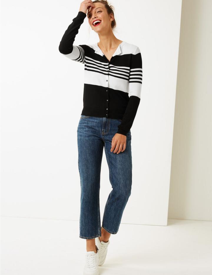 Marks & Spencer Striped Round Neck Cardigan Black Mix