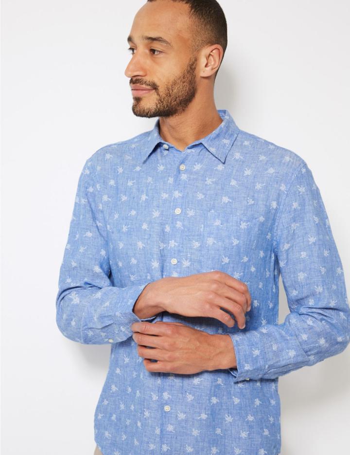 Marks & Spencer Pure Linen Palm Print Shirt Blue Mix
