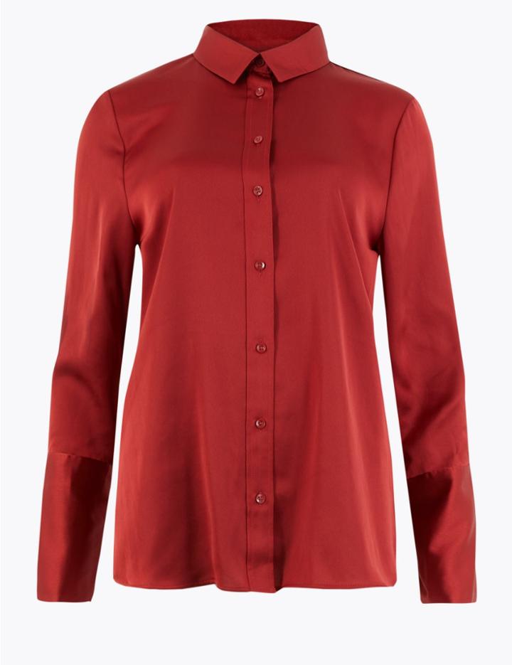 Marks & Spencer Satin Flared Cuff Shirt Red