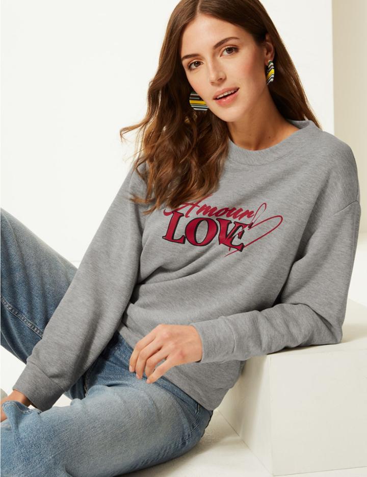 Marks & Spencer Printed Round Neck Long Sleeve Sweatshirt Grey Marl