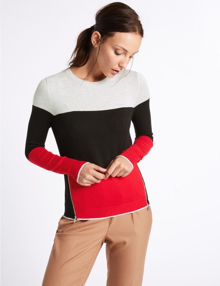 Marks & Spencer Colour Block Zip Detail Round Neck Jumper Light Grey Mix