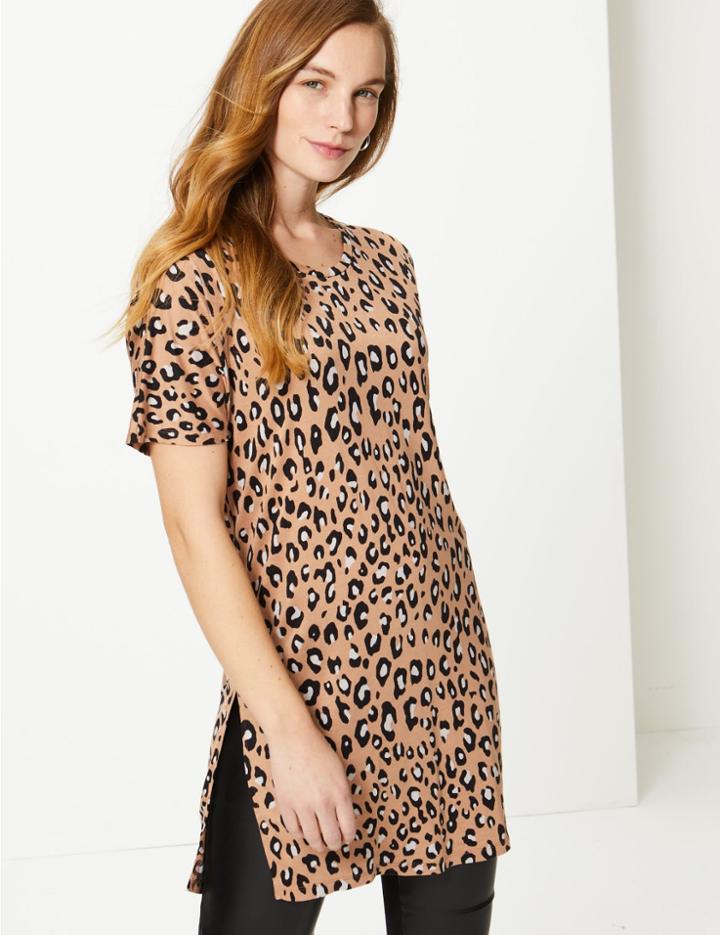 Marks & Spencer Animal Print Short Sleeve Top Brown Mix