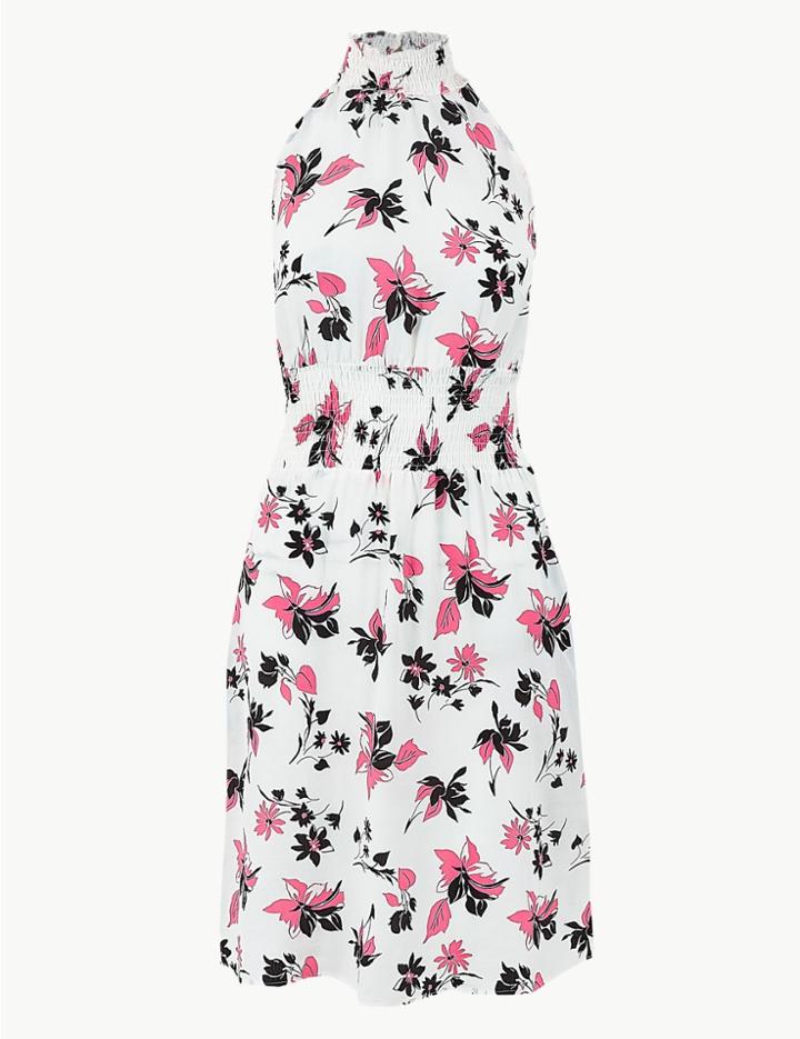 Marks & Spencer Floral Print Waisted Dress Ivory Mix
