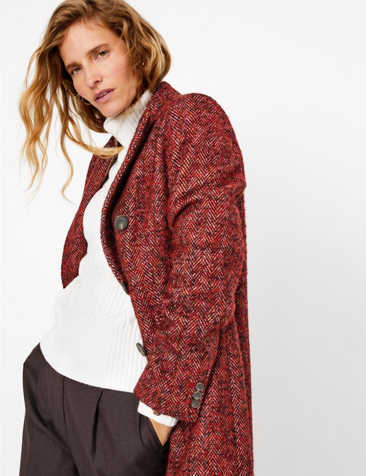 Marks & Spencer Herringbone Longline Duffle Coat Red Mix