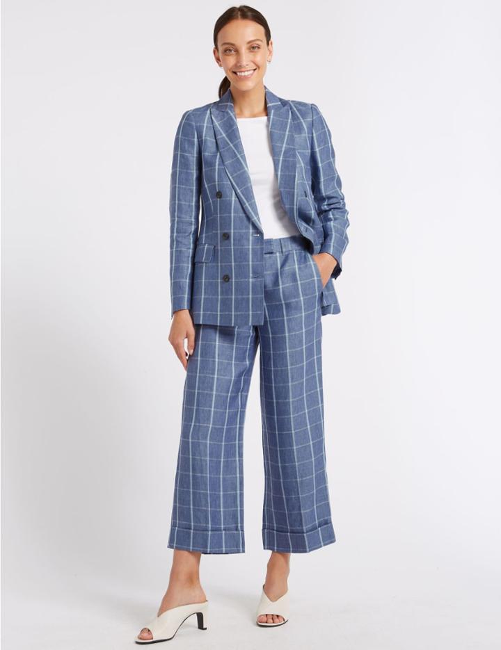 Marks & Spencer Pure Linen Checked Wide Leg 7/8 Trousers Bluebell