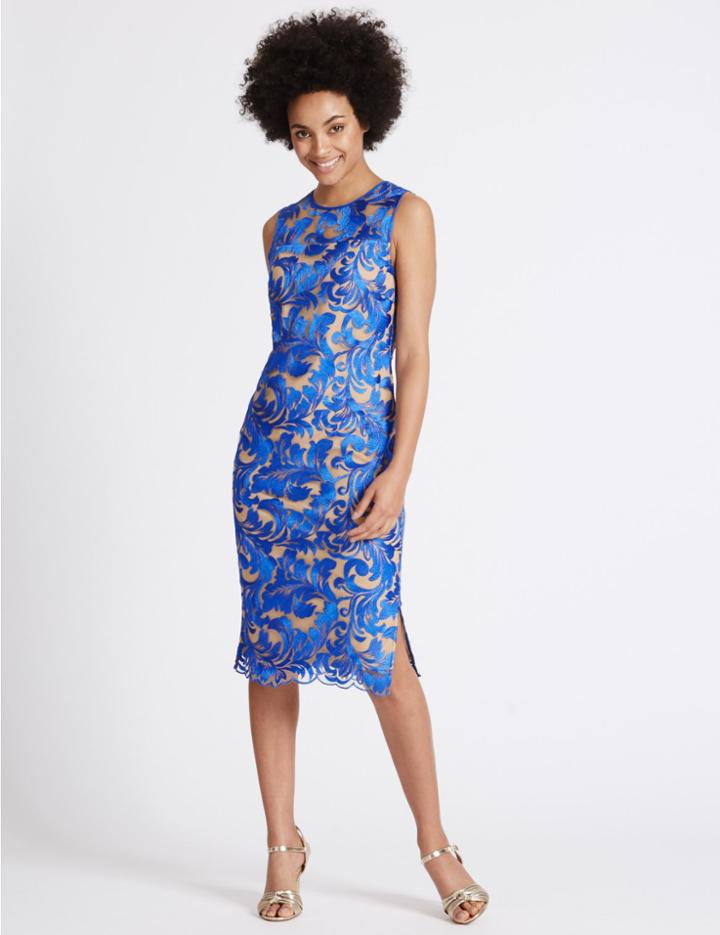 Marks & Spencer Flock Lace Shift Midi Dress Blue Mix