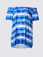 Marks & Spencer Plus Shirred Short Sleeve Bardot Top Blue Mix