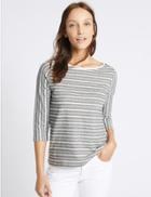 Marks & Spencer Cotton Rich Striped 3/4 Sleeve T-shirt Ivory Mix