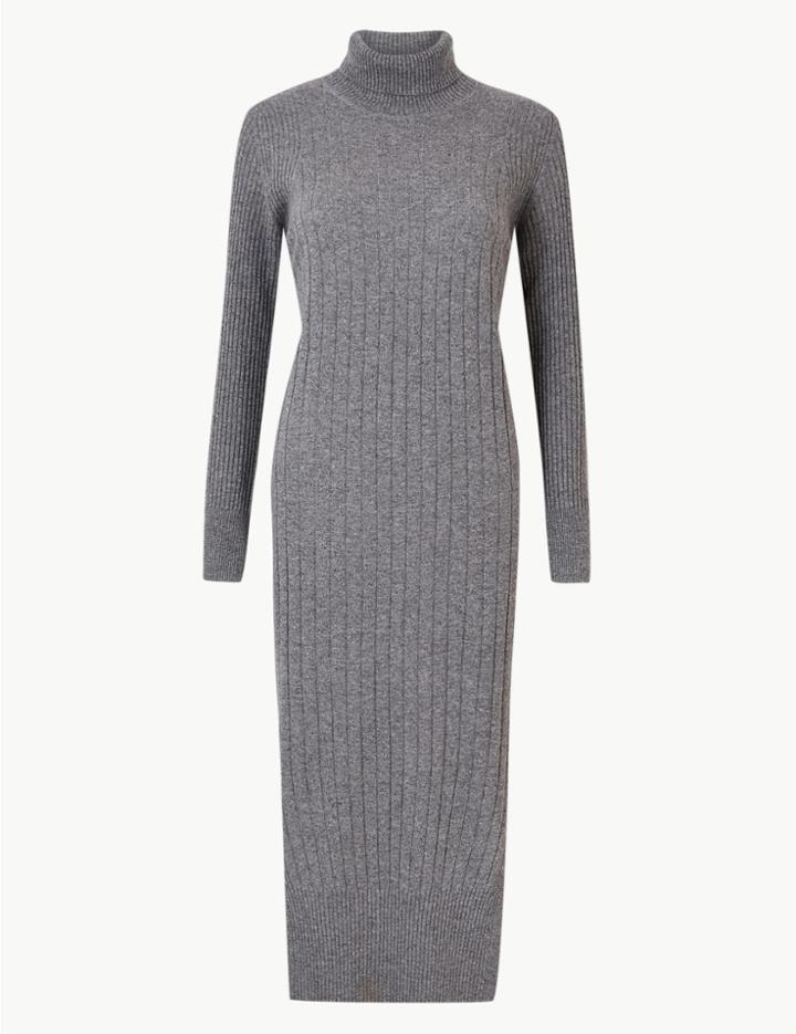 Marks & Spencer Pure Cashmere Ribbed Knitted Dress Mid Grey