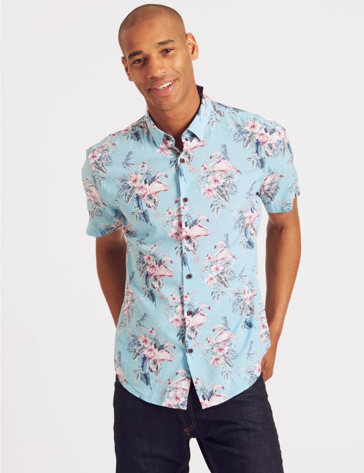 Marks & Spencer Cotton Rich Slim Fit Flamingo Printed Shirt Teal
