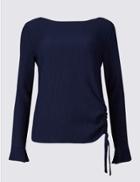 Marks & Spencer Textured Tie Side Long Sleeve T-shirt Navy