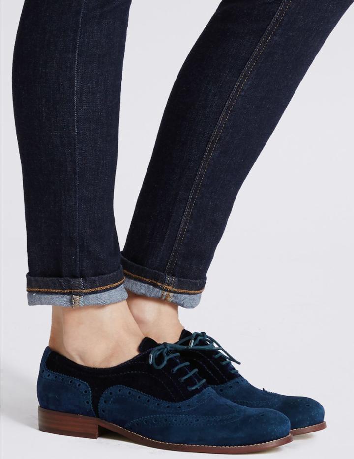 Marks & Spencer Leather Block Heel Brogue Shoes Navy Mix