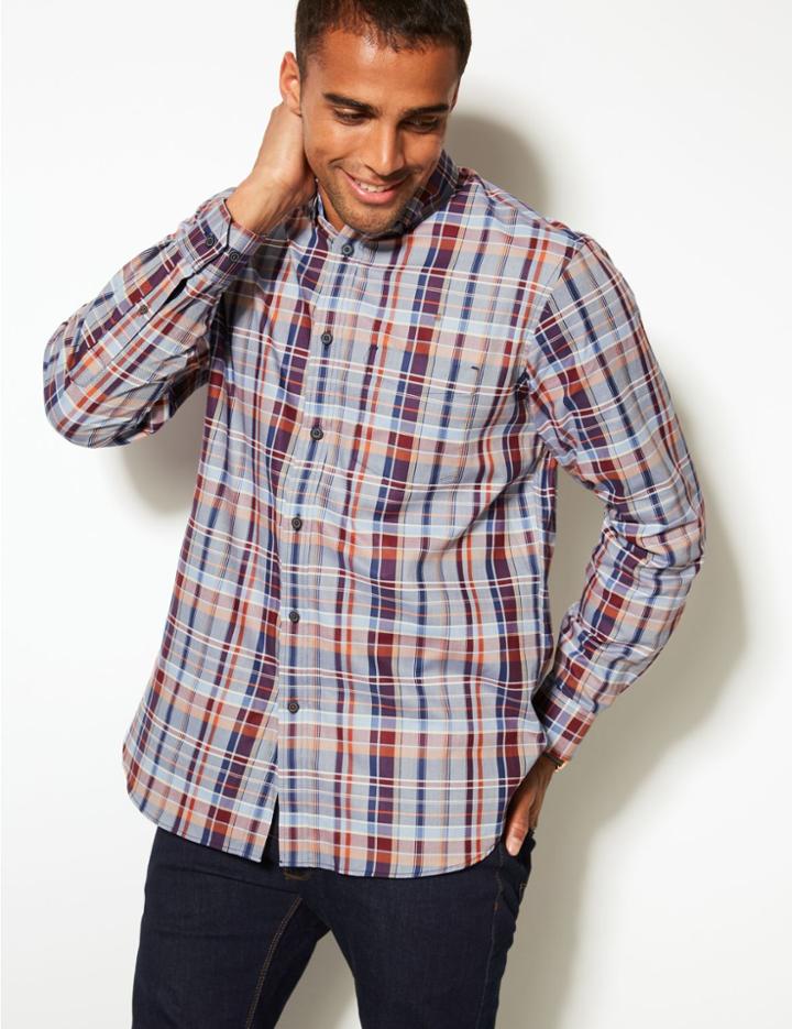 Marks & Spencer Pure Cotton Checked Oxford Shirt With Pocket Rust Mix