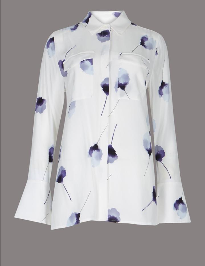 Marks & Spencer Pure Silk Floral Print Long Sleeve Shirt White Mix