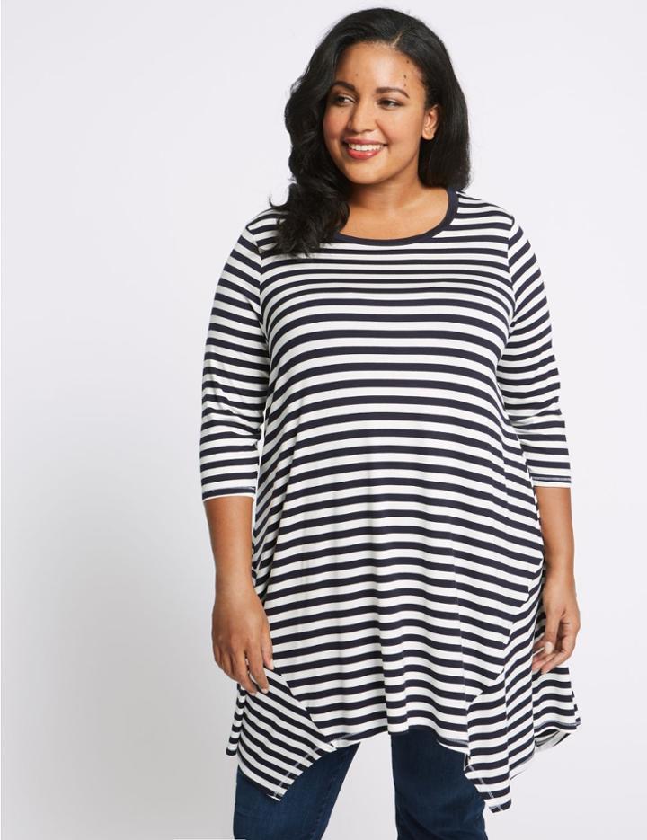 Marks & Spencer Curve Striped Longline &frac34; Sleeve Tunic Navy Mix