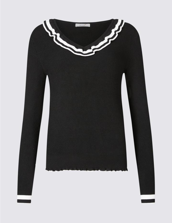 Marks & Spencer Ruffle V-neck Jumper Black Mix