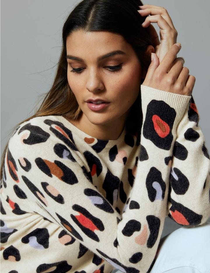 Marks & Spencer Pure Cashmere Animal Print Round Neck Jumper Oatmeal Mix
