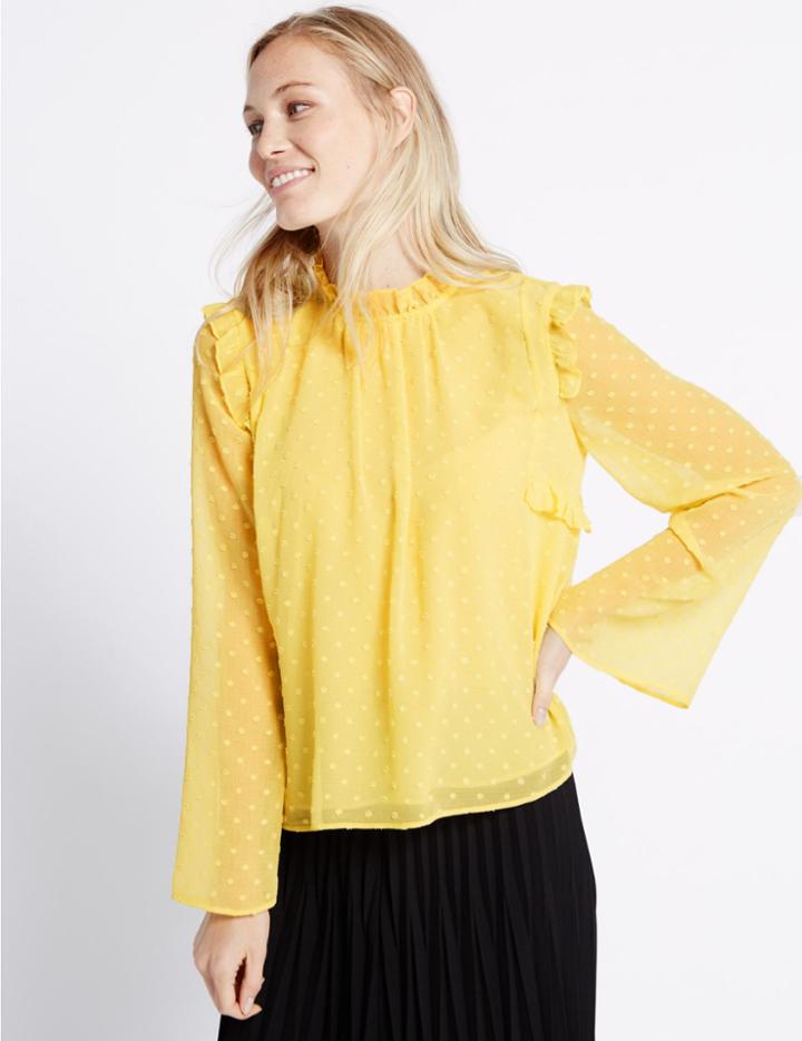Marks & Spencer Dobby Round Neck Long Sleeve Blouse Lime