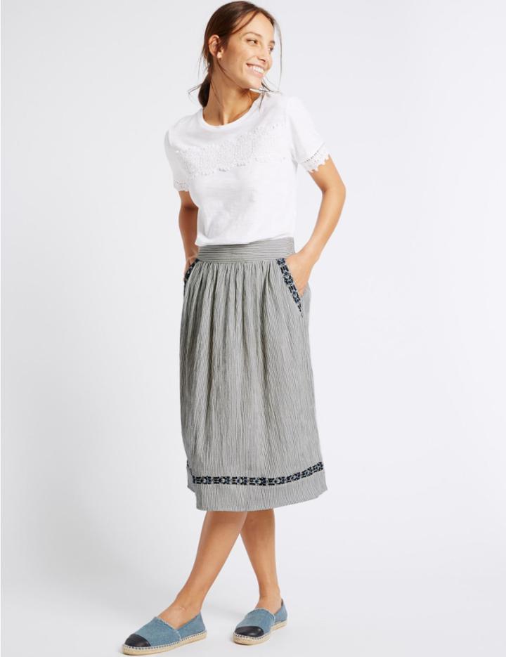 Marks & Spencer Cotton Blend Striped A-line Midi Skirt White Mix