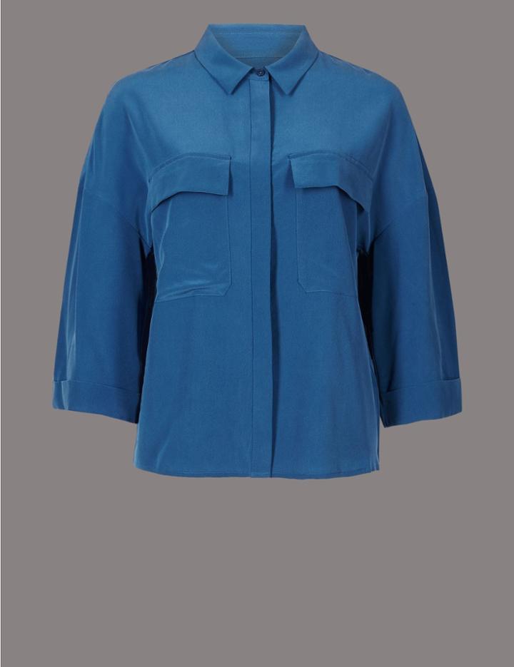 Marks & Spencer Pure Silk 3/4 Sleeve Shirt Marine