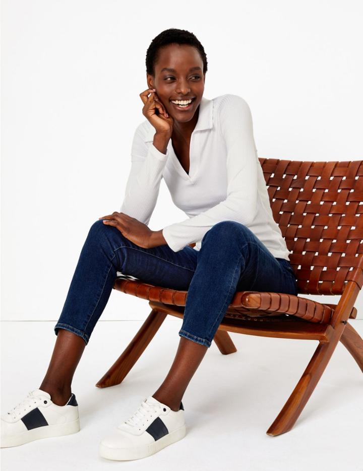 Marks & Spencer Ribbed Fitted Polo Top Ivory