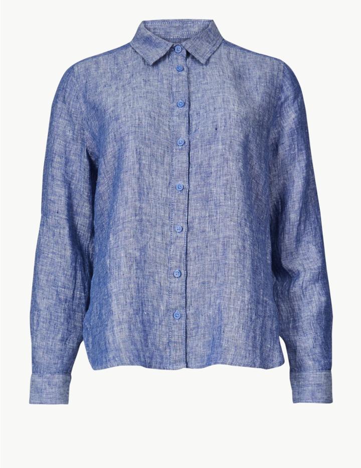 Marks & Spencer Petite Pure Linen Long Sleeve Shirt Chambray