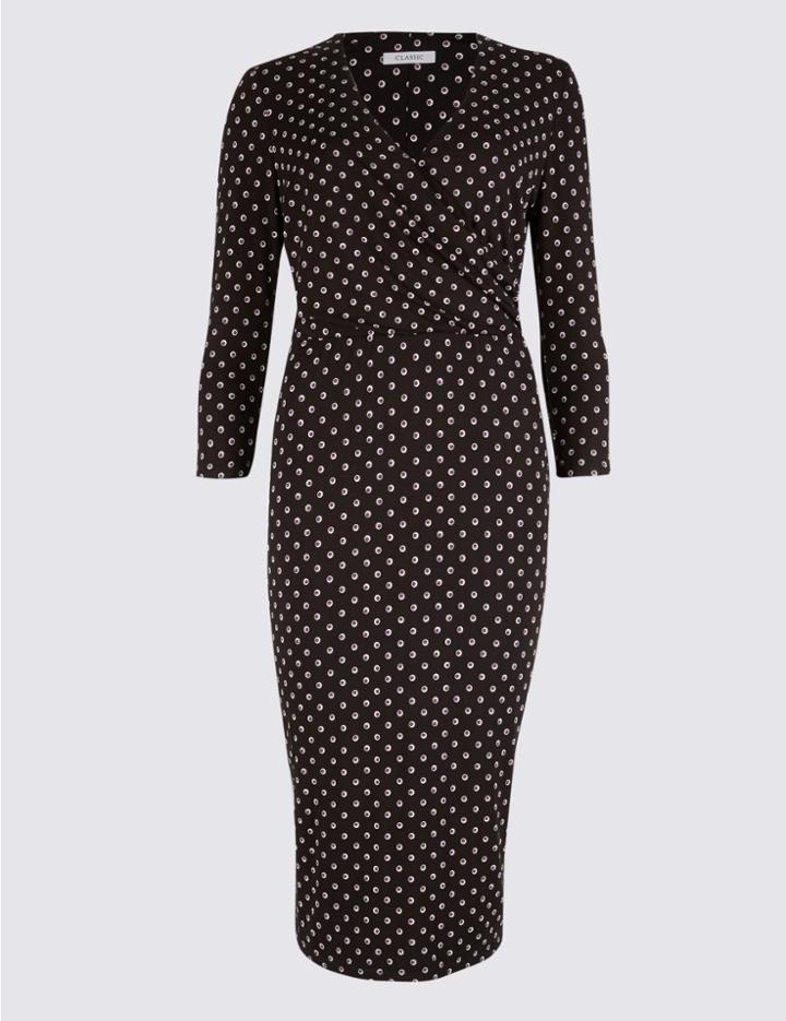 Marks & Spencer Spotted 3/4 Sleeve Wrap Midi Dress Black Mix