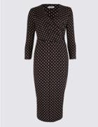 Marks & Spencer Spotted 3/4 Sleeve Wrap Midi Dress Black Mix