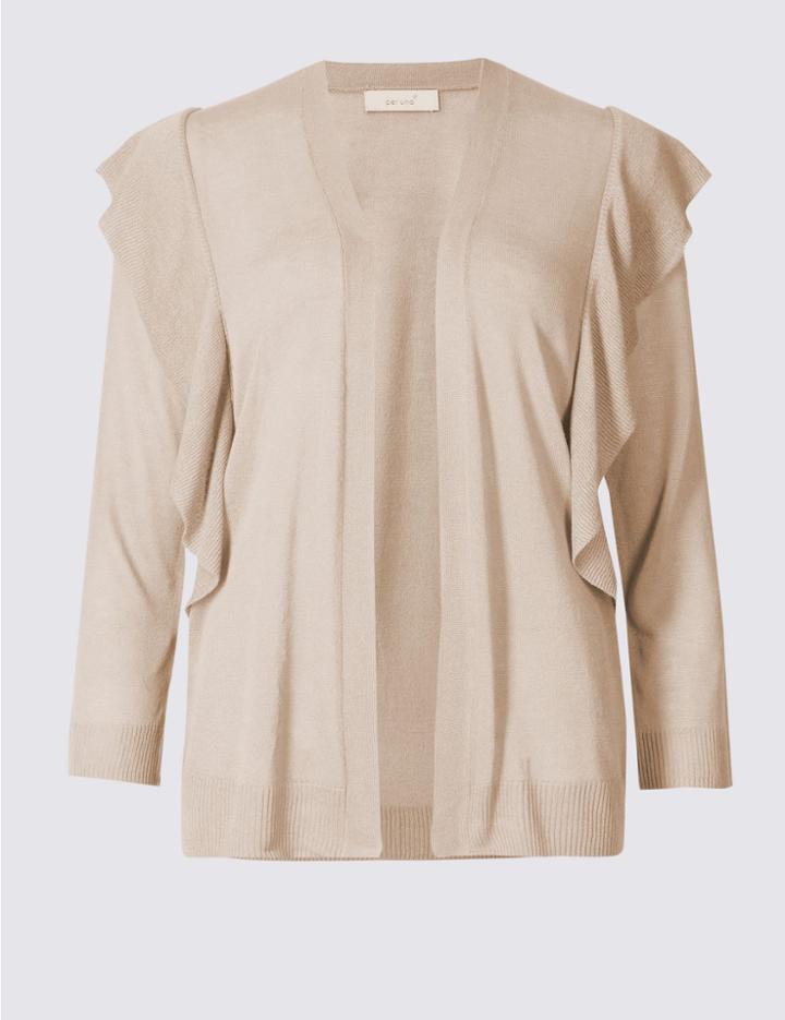 Marks & Spencer Ruffle 3/4 Sleeve Cardigan Oatmeal Mix
