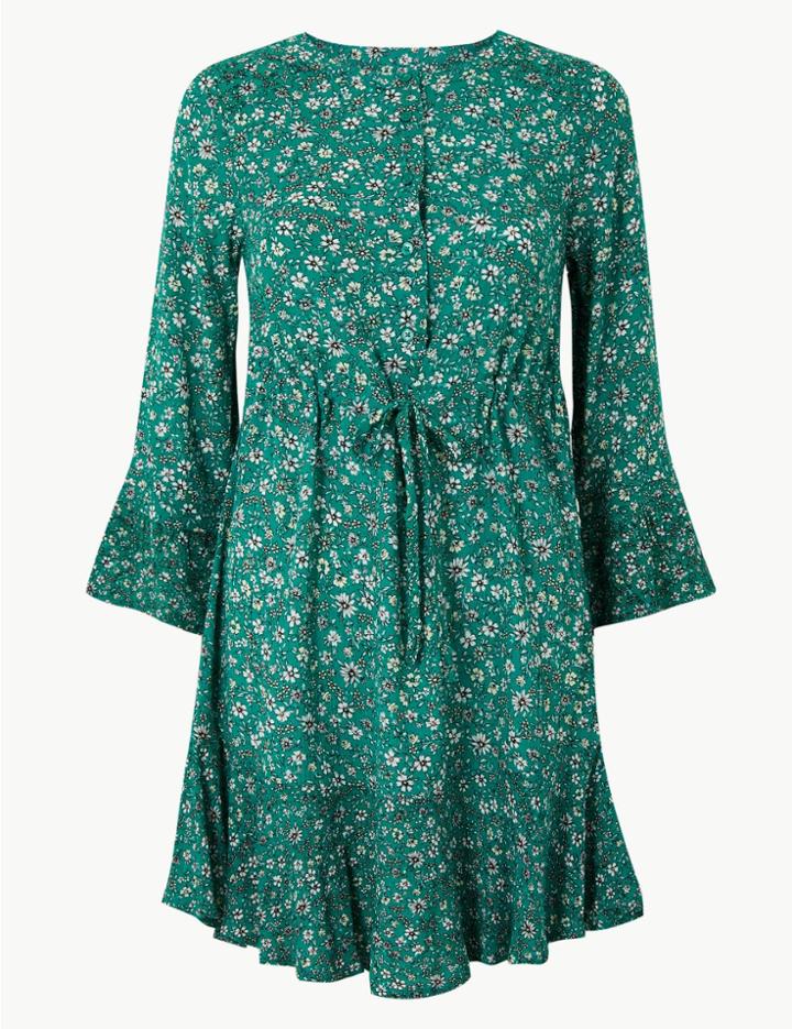 Marks & Spencer Petite Floral Button Front Relaxed Mini Dress Green Mix