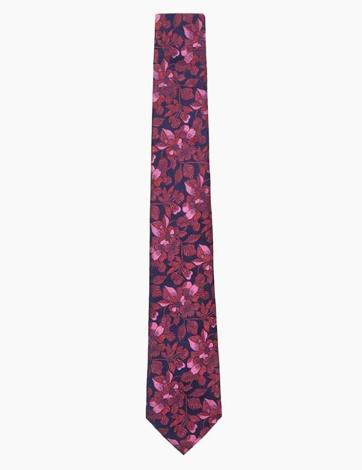 Marks & Spencer Silk Slim Floral Ombre Tie Magenta Mix