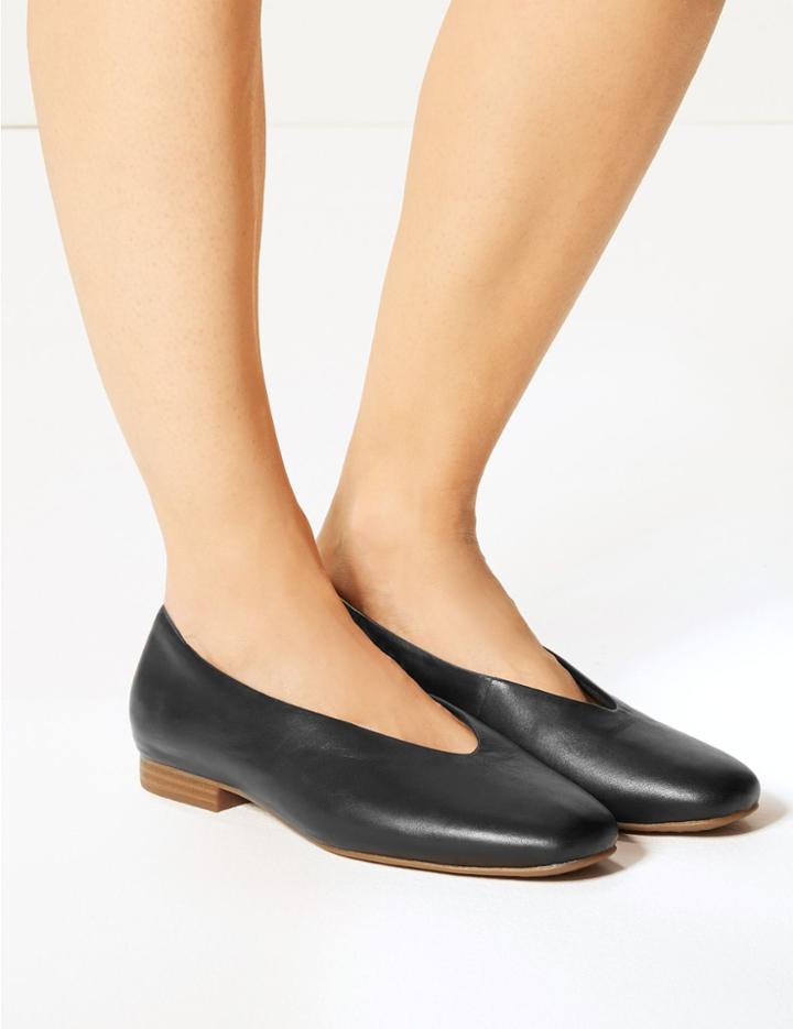 Marks & Spencer Wide Fit Leather Block Heel Ballerina Pumps Black
