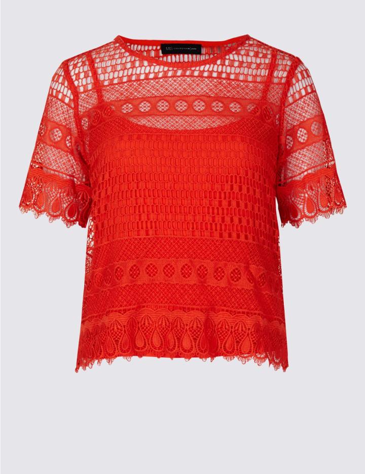Marks & Spencer Petite All Over Lace Half Sleeve Jersey Top Bright Orange