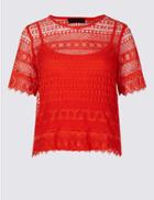 Marks & Spencer Petite All Over Lace Half Sleeve Jersey Top Bright Orange