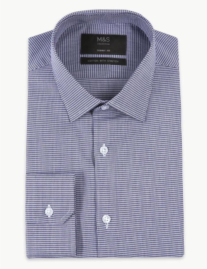 Marks & Spencer Cotton Rich Shirt With Stretch Navy Mix
