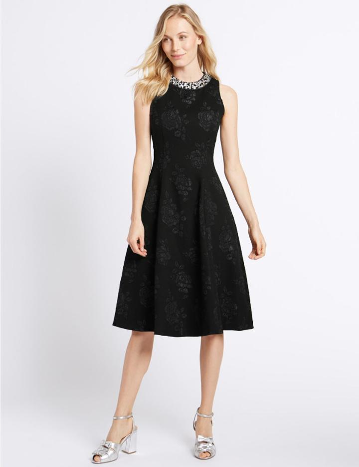 Marks & Spencer Textured Jewel Neck Prom Skater Dress Black