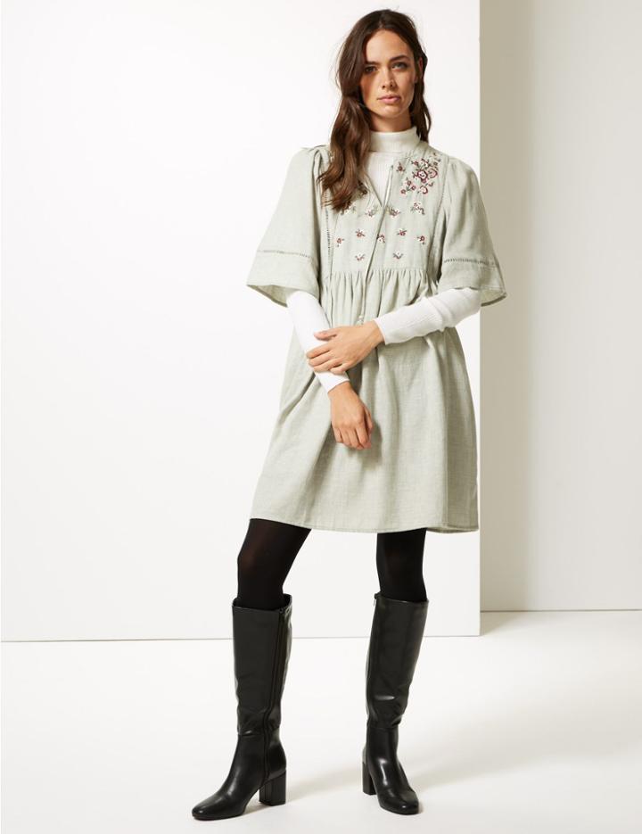 Marks & Spencer Embroidered 3/4 Sleeve Skater Midi Dress Grey