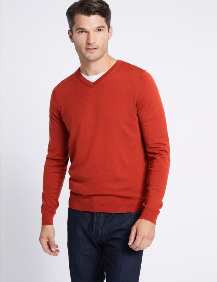 Marks & Spencer Pure Extra Fine Merino V-neck Jumper Rust