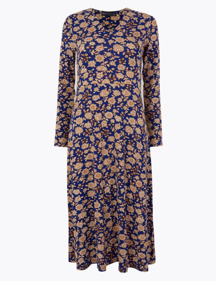 Marks & Spencer Floral Print Jersey Fit & Flare Midi Dress Blue Mix