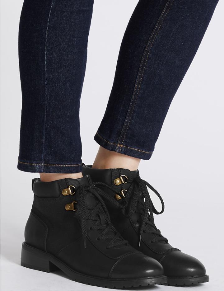Marks & Spencer Block Heel Lace-up Toe Cap Ankle Boots Black