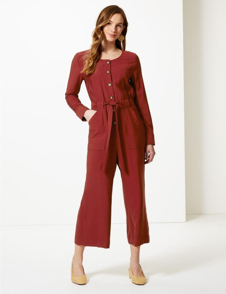 Marks & Spencer Round Neck Long Sleeve Maxi Jumpsuit Rust