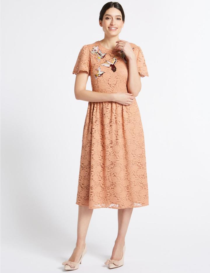 Marks & Spencer Bird Embroidered Lace Skater Dress Pink