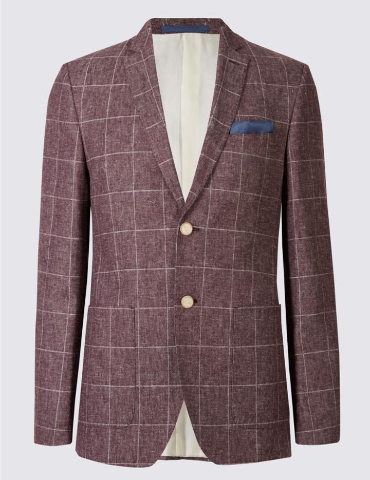Marks & Spencer Linen Blend Window Pane 2 Button Jacket Raspberry