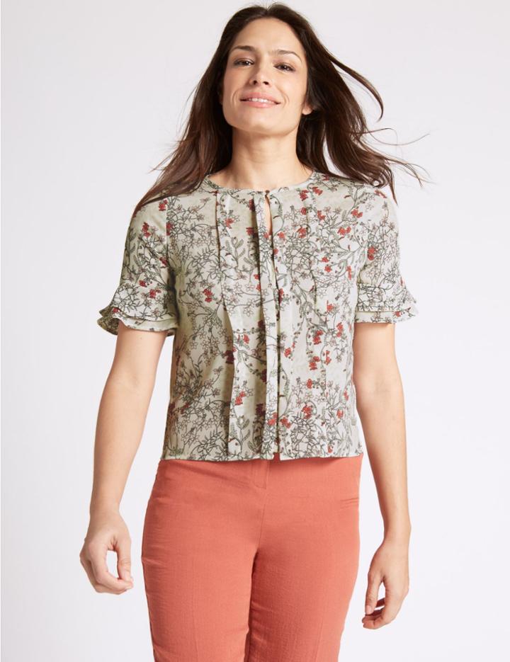 Marks & Spencer Floral Print Round Neck Half Sleeve Blouse Terracotta